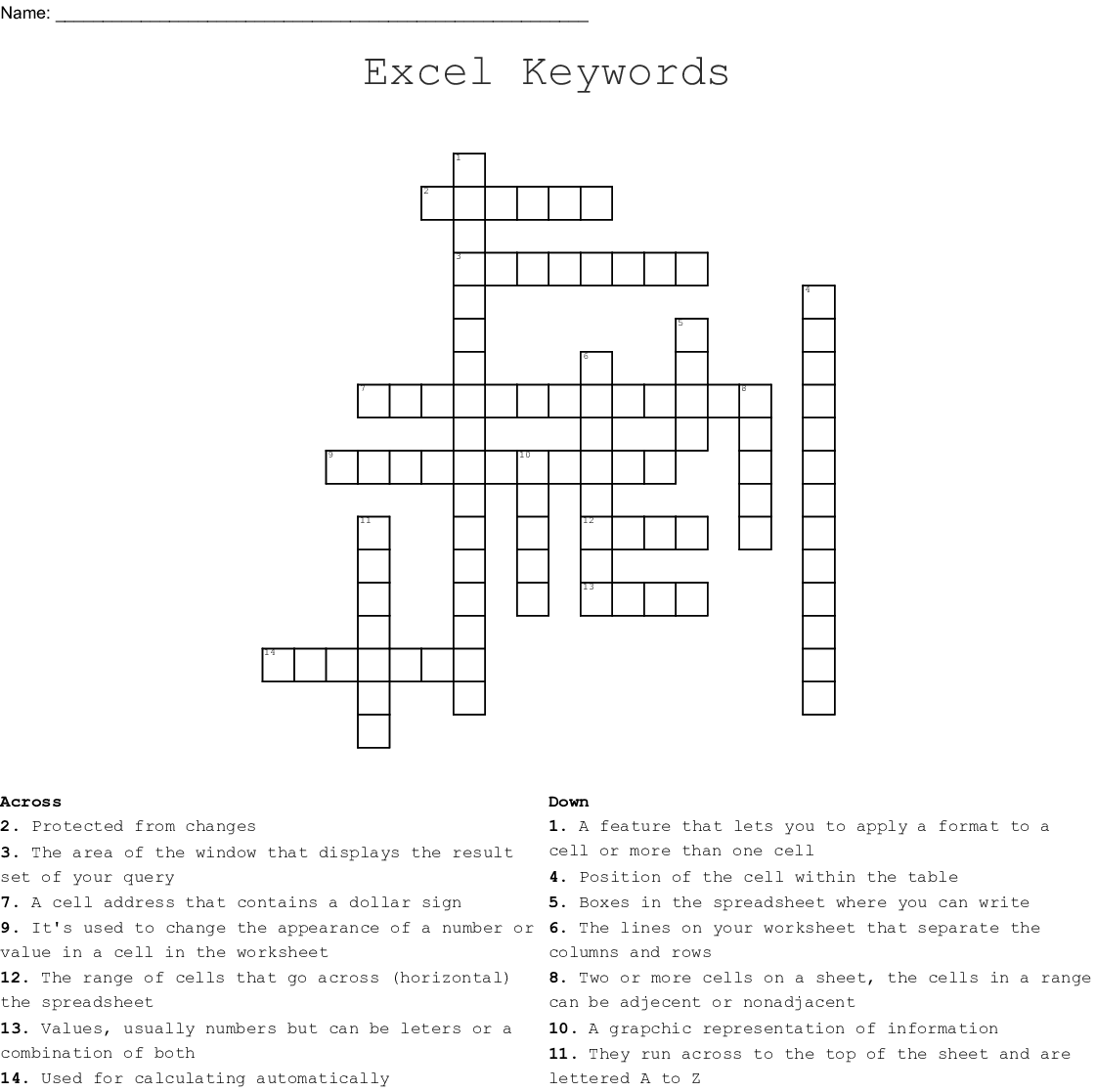 Excel Crossword Puzzle Answer Sheet publimzaer